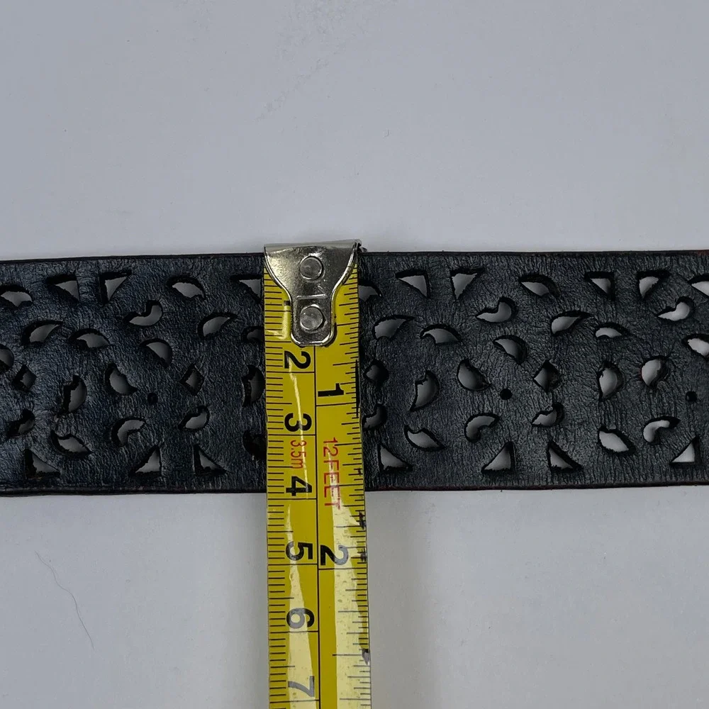 Vintage Genuine Leather Cut Out Floral Belt Womens M Black Wide Boho Western
